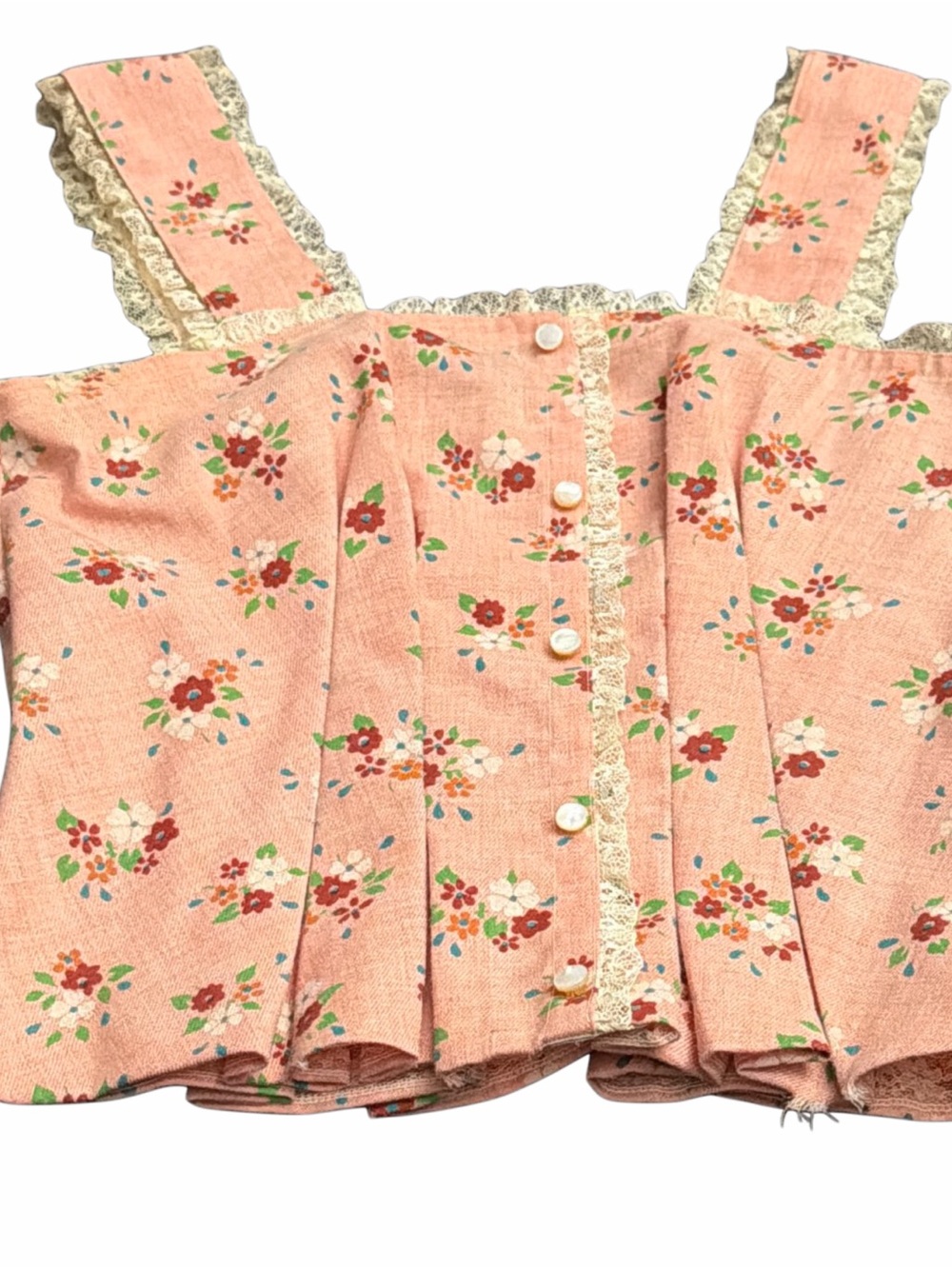 Vintage Coral Pink Floral Corset Like Blouse with Lace Trim and Side Zipper